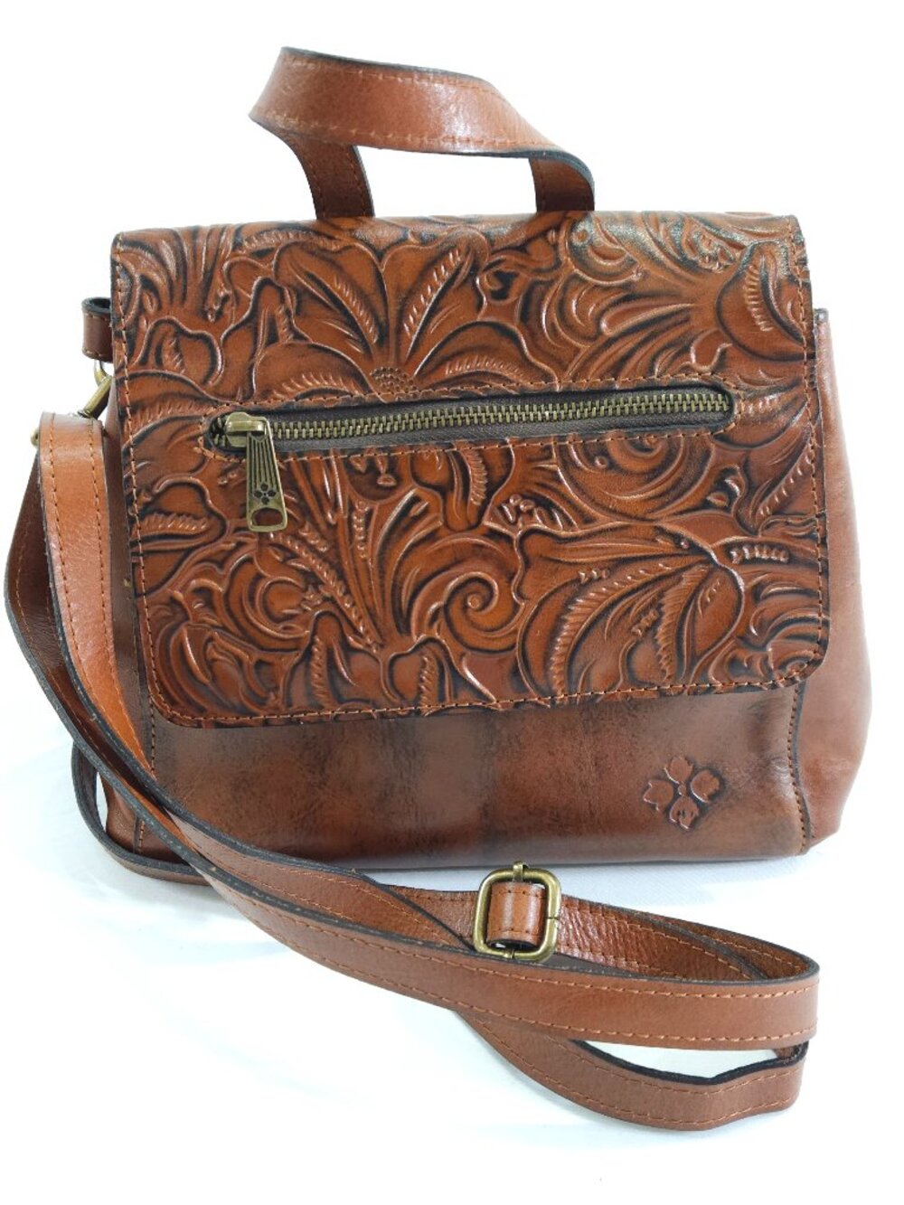 Patricia Nash Brown Leather Bag w/ Floral Tooled Flap and Exterior Zipper Pocket